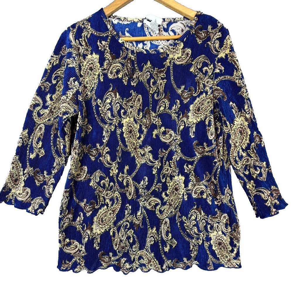 BonWorth Blouse Top Womens‎ Medium Blue Paisley Regency Old Money Grandma Luxe